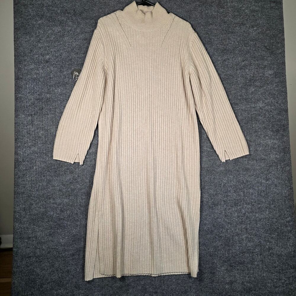 & Other Stories Ribbed Knit Sweater Dress Beige  Midi Side Slit NWT Size L‎